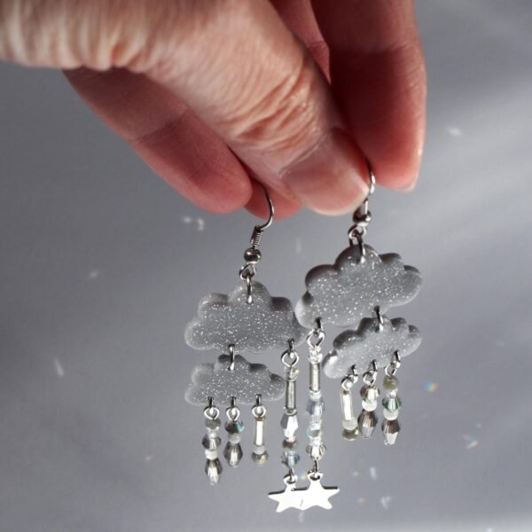 Grey Glitter Cloud Earrings: Beaded Sky Jewelry