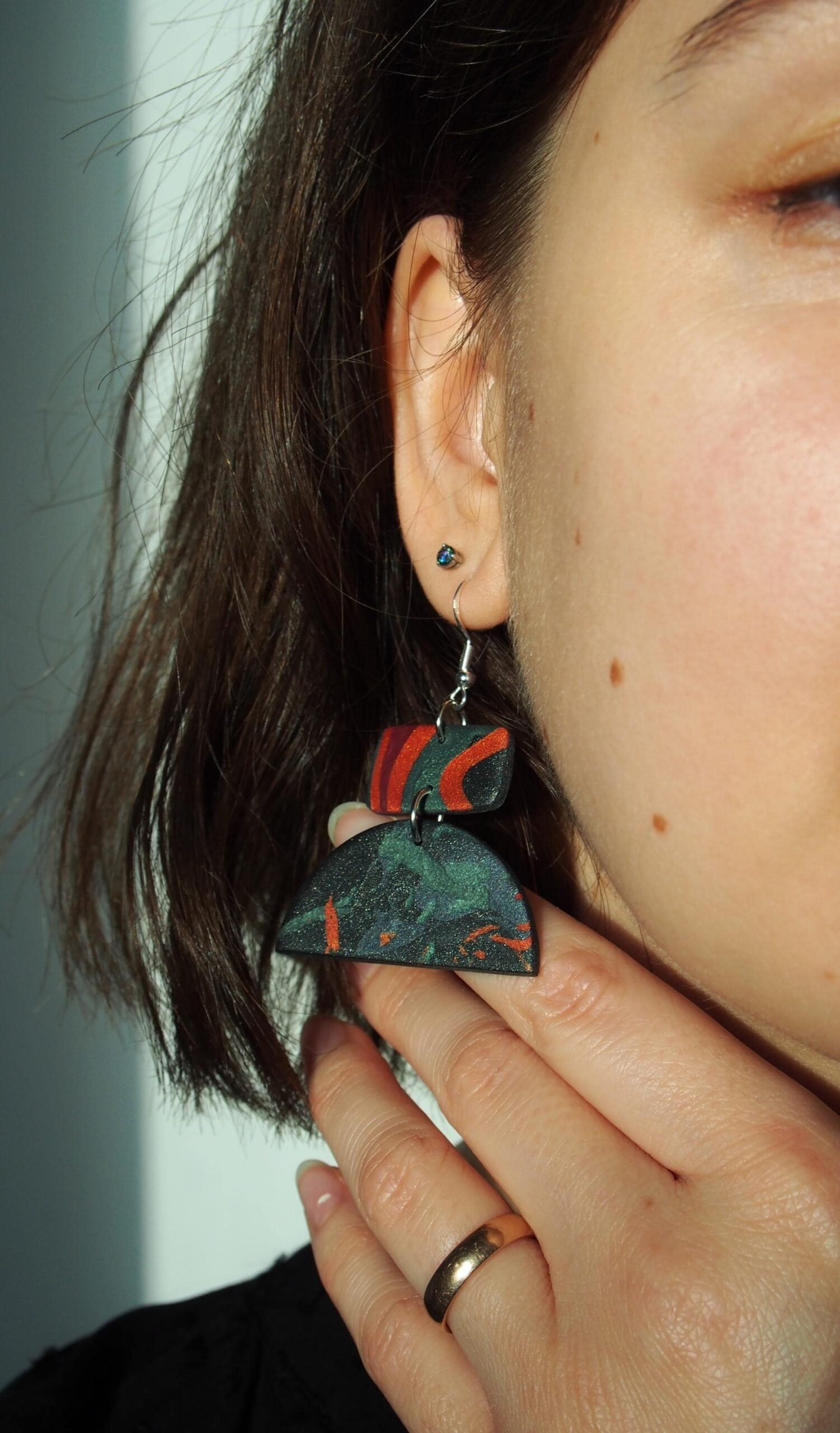 Koi Fish Pond Earrings: Transformative Teal & Copper Abstract Dangles - Image 3