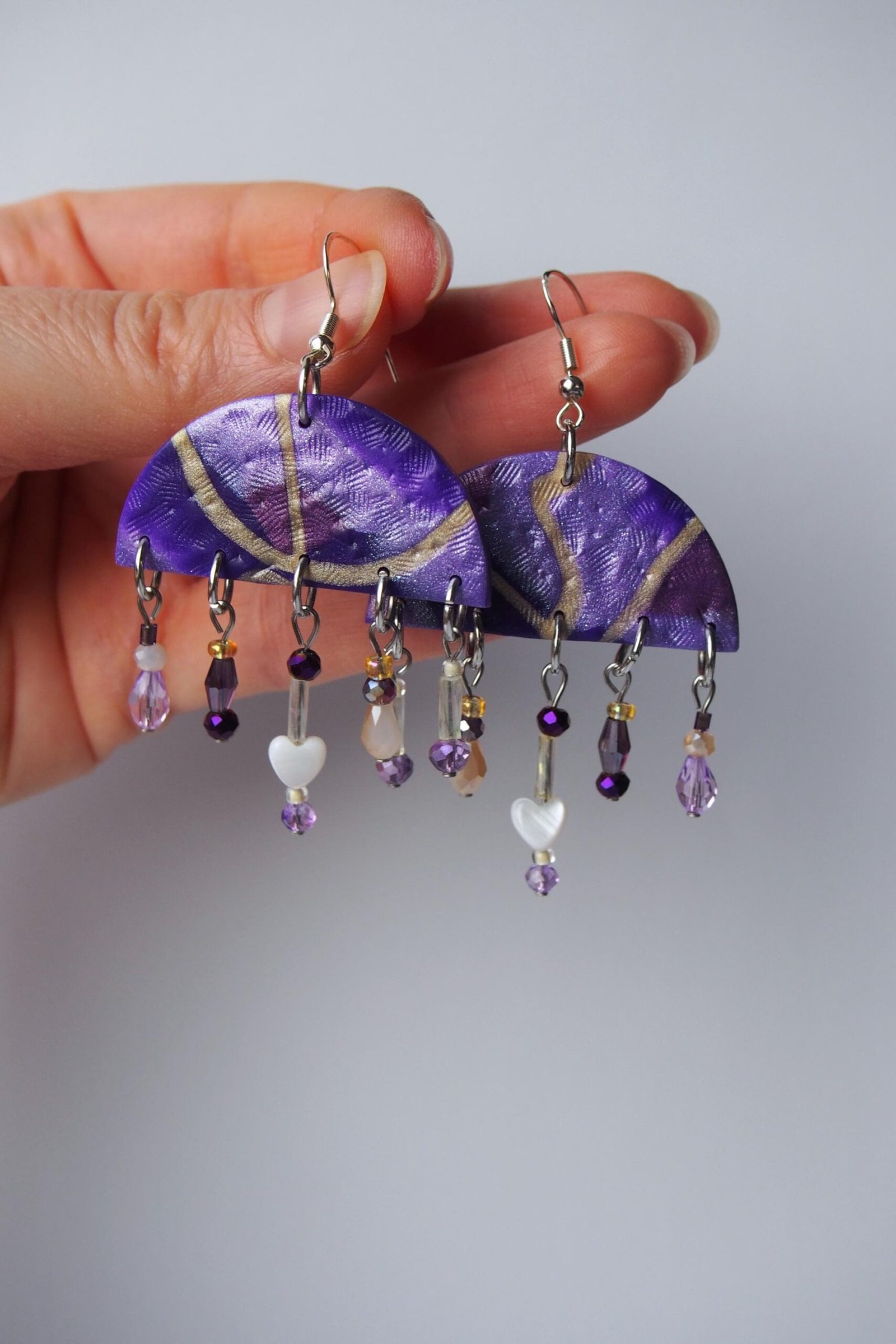 Purple & Gold Boho Earrings: Textured Chandelier Dangles - Image 3