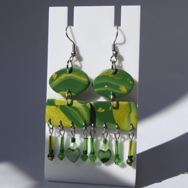 Shimmering Green Boho Earrings: Geometric Heart Dangles