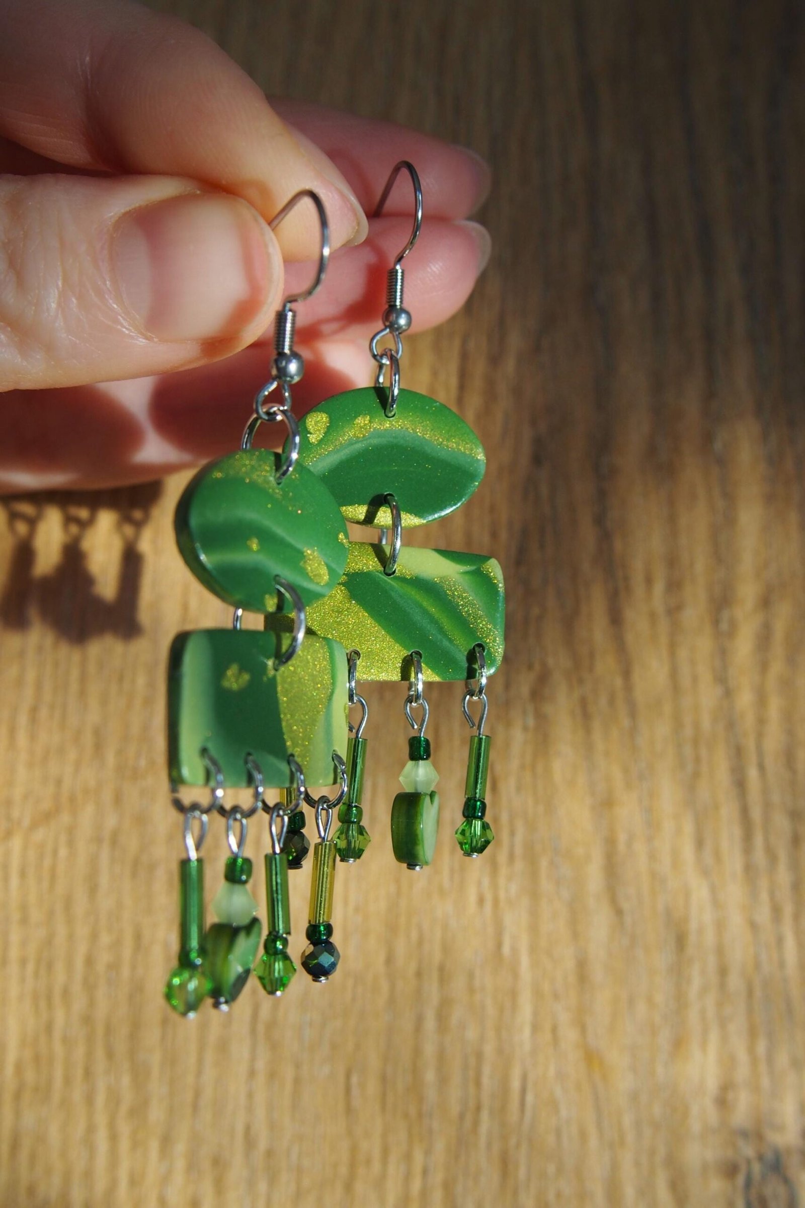 Shimmering Green Boho Earrings: Geometric Heart Dangles - Image 6