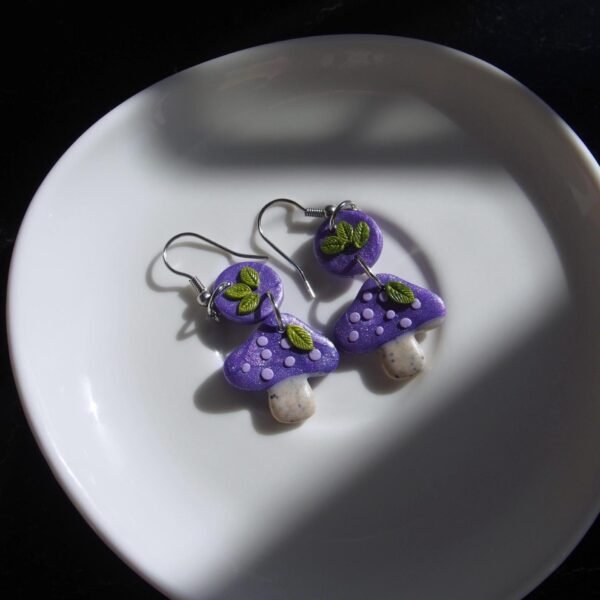 Purple Mushroom Earrings : Whimsical Polymer Clay Nature Jewelry