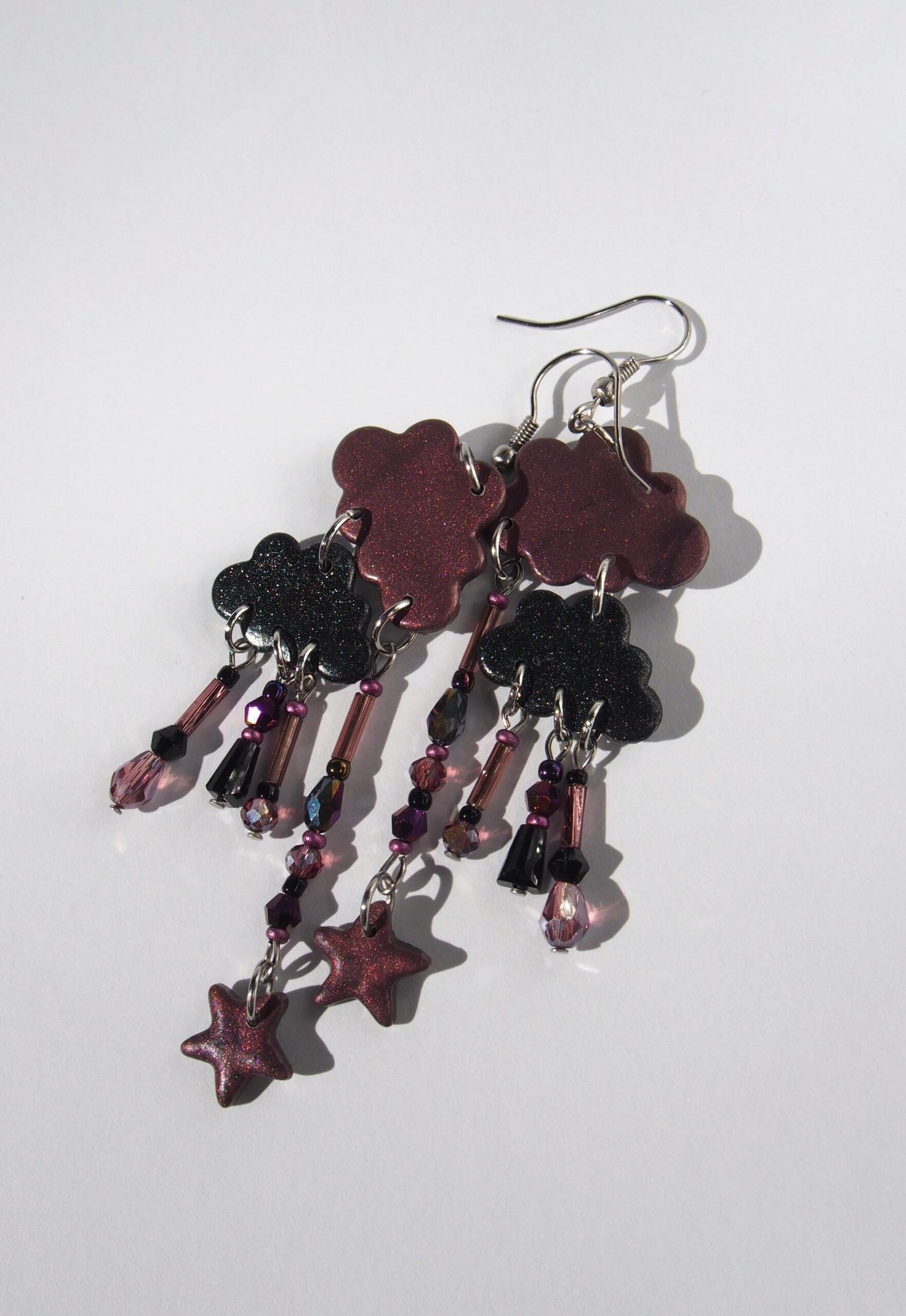 Long Purple Cloud Earrings on Surgical Steel Hooks: Sparkly Polymer Clay Dangles - Image 5