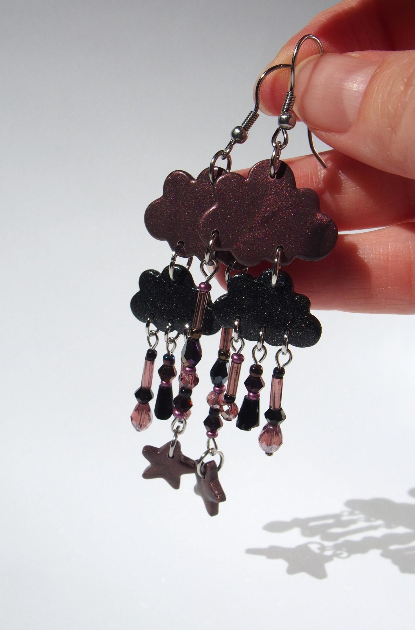 Long Purple Cloud Earrings on Surgical Steel Hooks: Sparkly Polymer Clay Dangles - Image 4