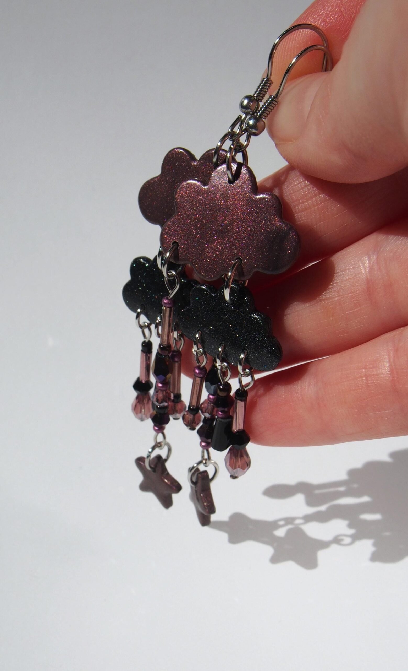 Long Purple Cloud Earrings on Surgical Steel Hooks: Sparkly Polymer Clay Dangles - Image 6