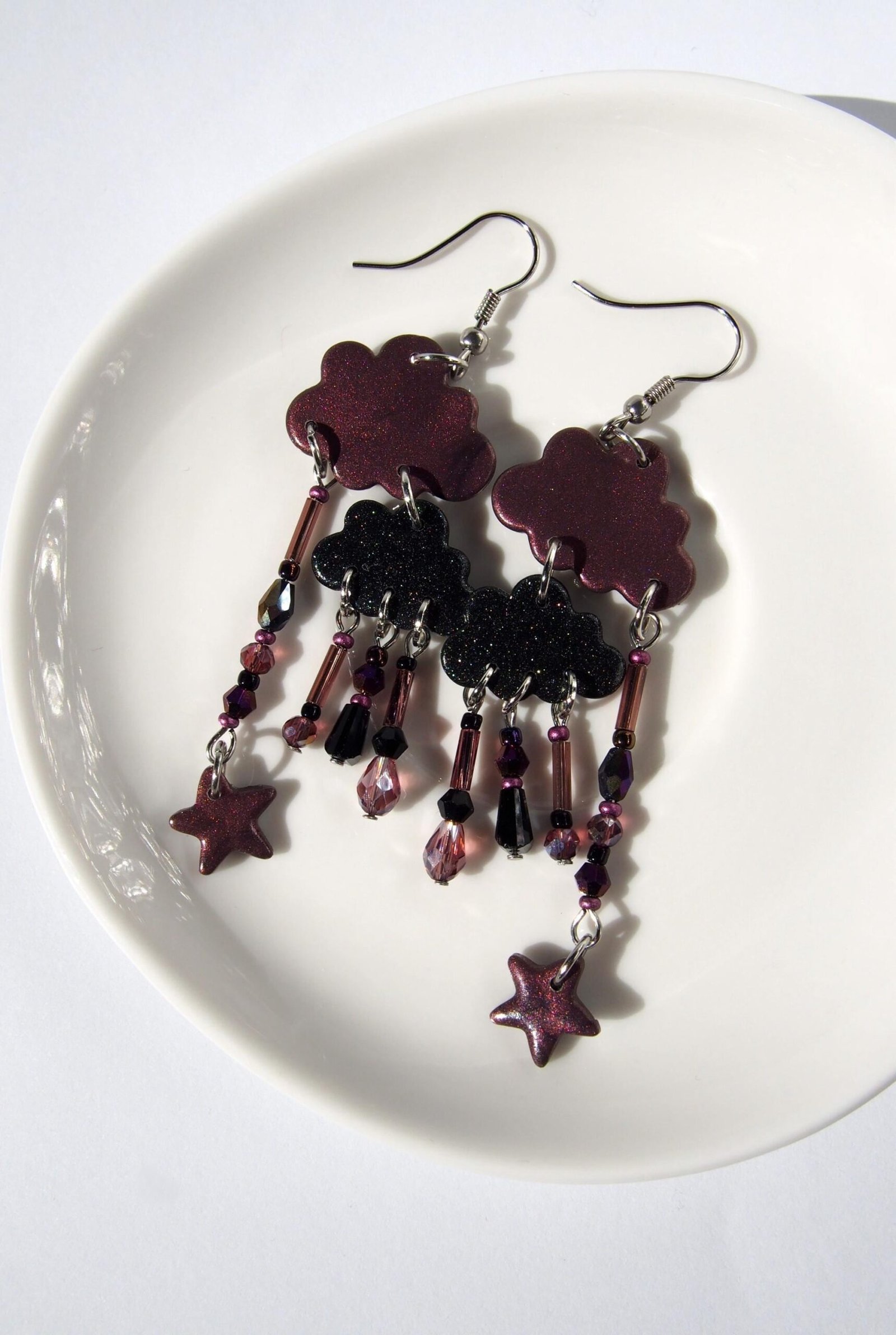Long Purple Cloud Earrings on Surgical Steel Hooks: Sparkly Polymer Clay Dangles - Image 2