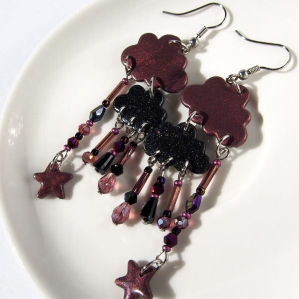 Long Purple Cloud Earrings on Surgical Steel Hooks: Sparkly Polymer Clay Dangles