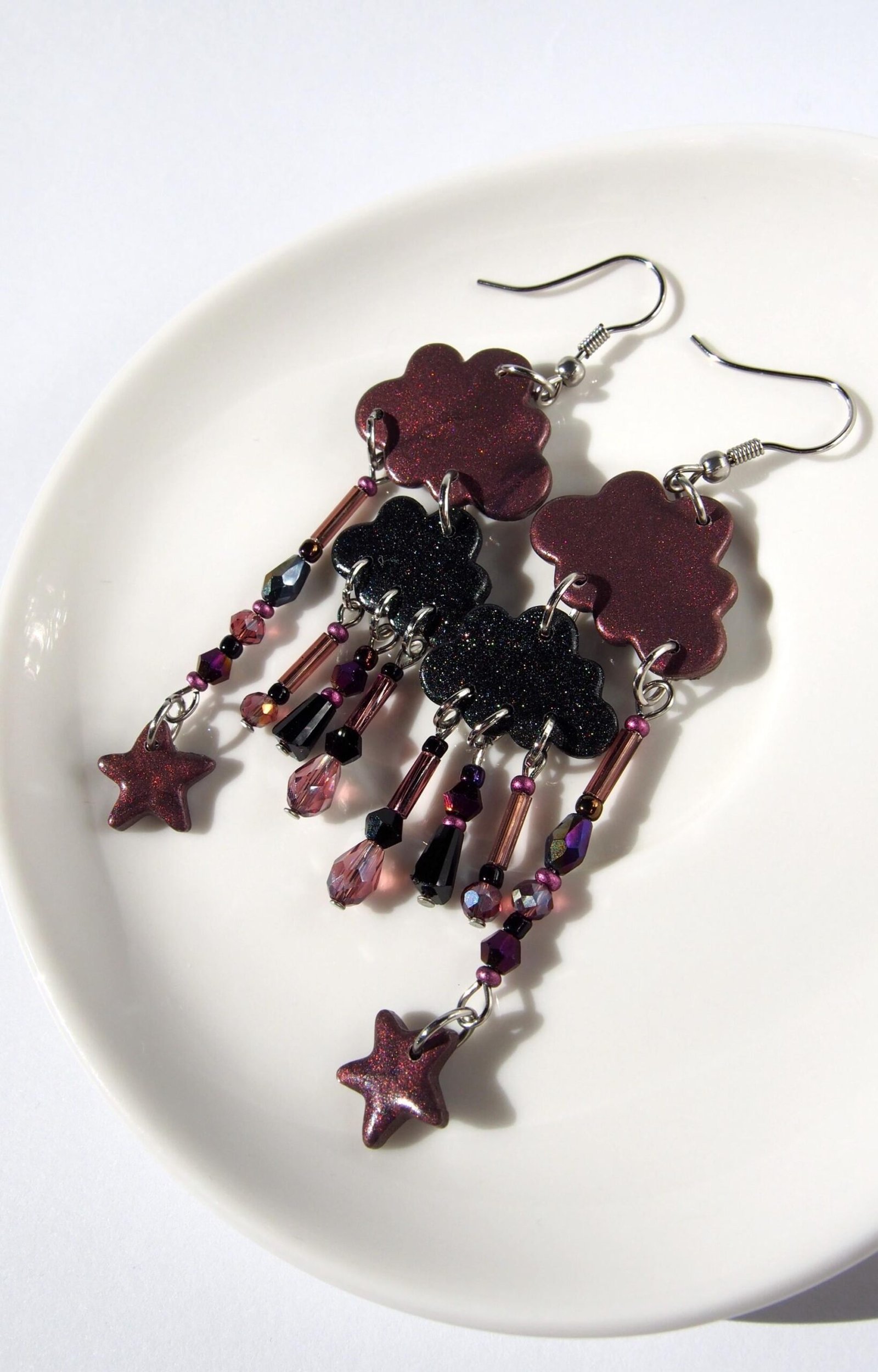 Long Purple Cloud Earrings on Surgical Steel Hooks: Sparkly Polymer Clay Dangles