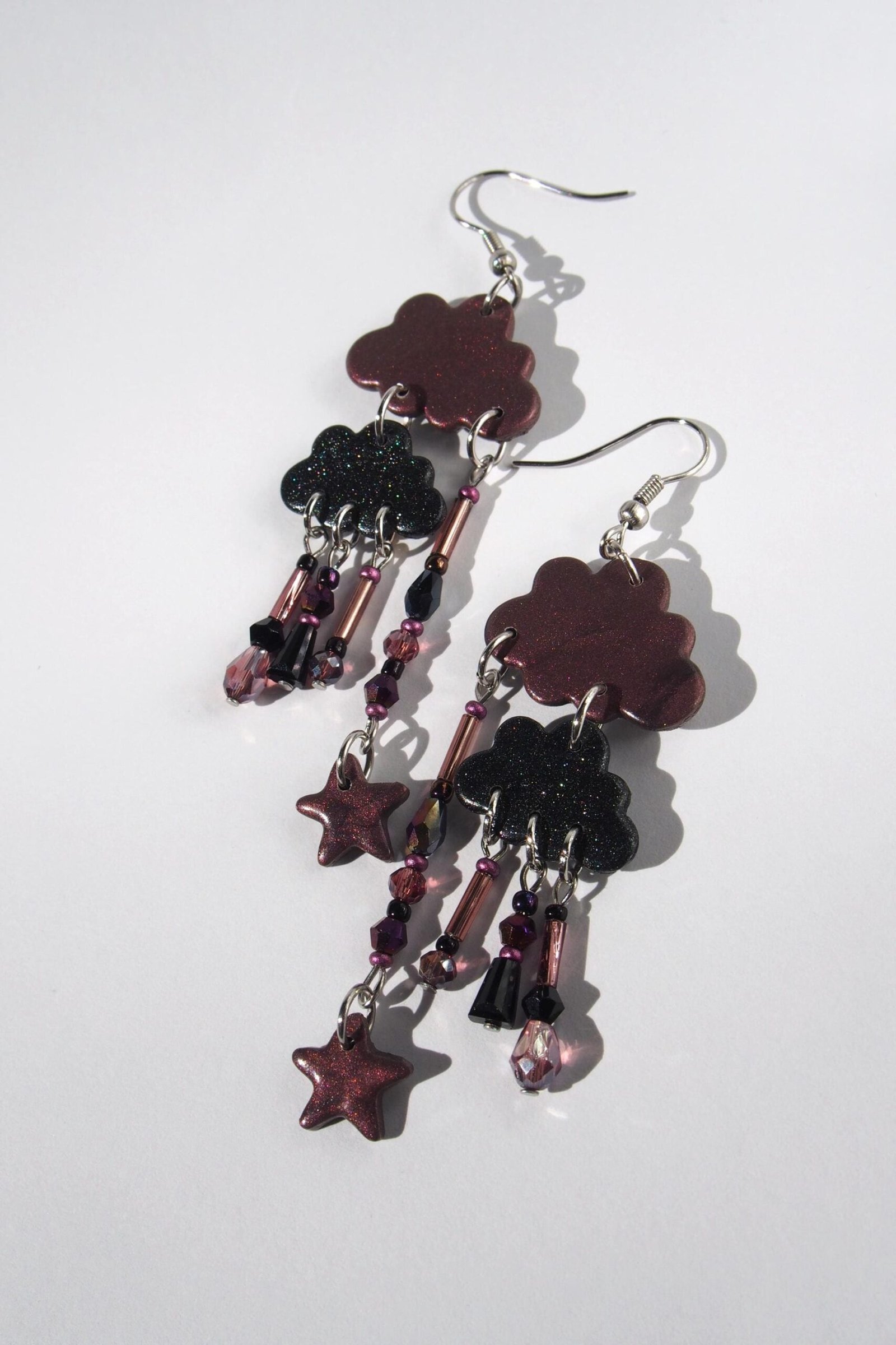 Long Purple Cloud Earrings on Surgical Steel Hooks: Sparkly Polymer Clay Dangles - Image 7
