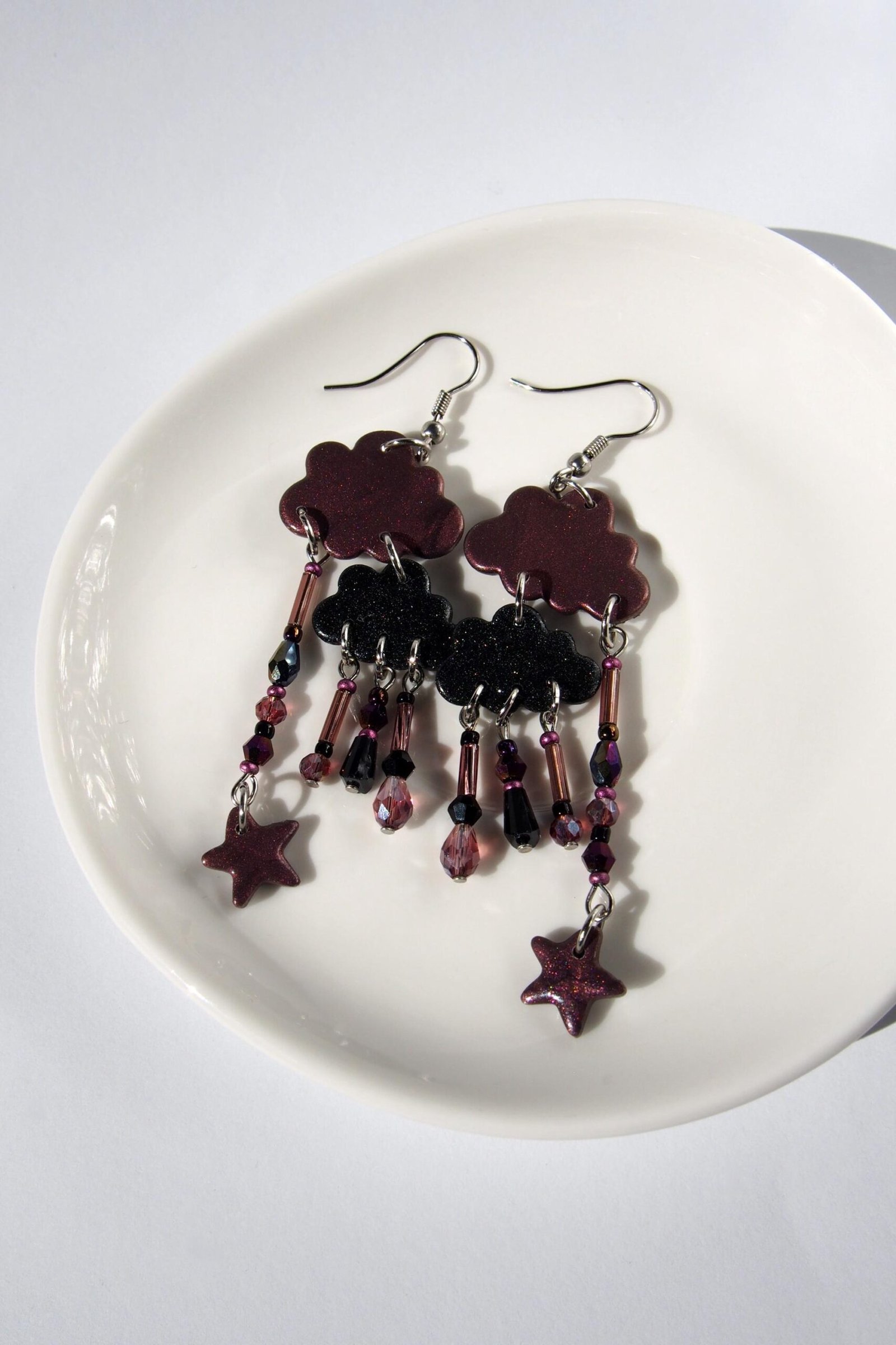 Long Purple Cloud Earrings on Surgical Steel Hooks: Sparkly Polymer Clay Dangles - Image 3