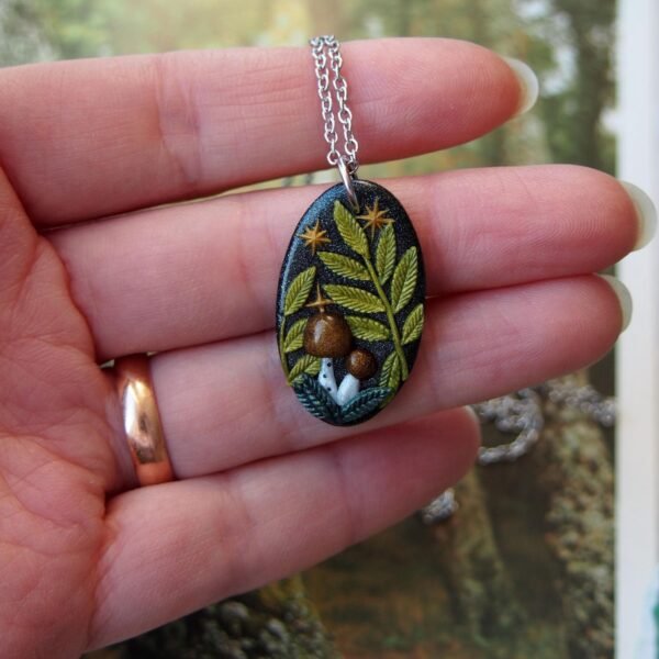 Brown Mushroom Necklace - Celestial Fern Pendant - Polymer Clay and Stainless Steel