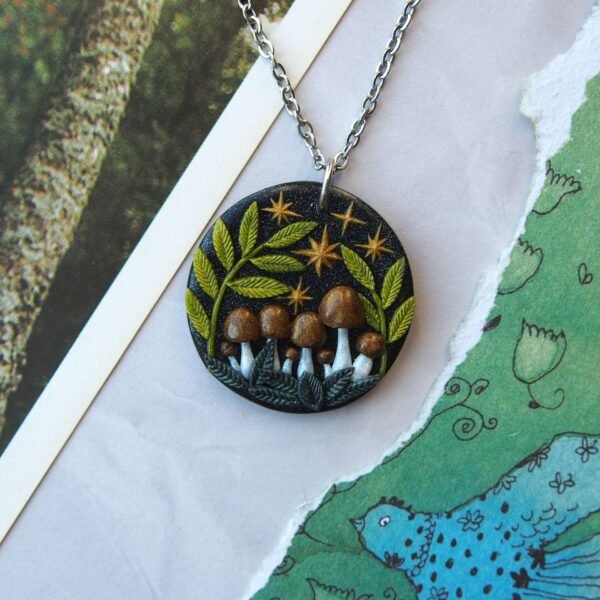 Larger Brown Mushroom Pendant - Celestial Fern Necklace - Polymer Clay & Stainless Steel