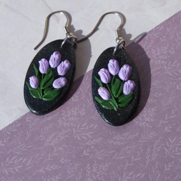 Purple Tulip Earrings with Surgical Steel Hooks : Botanical Spring Gift from Polymer Clay